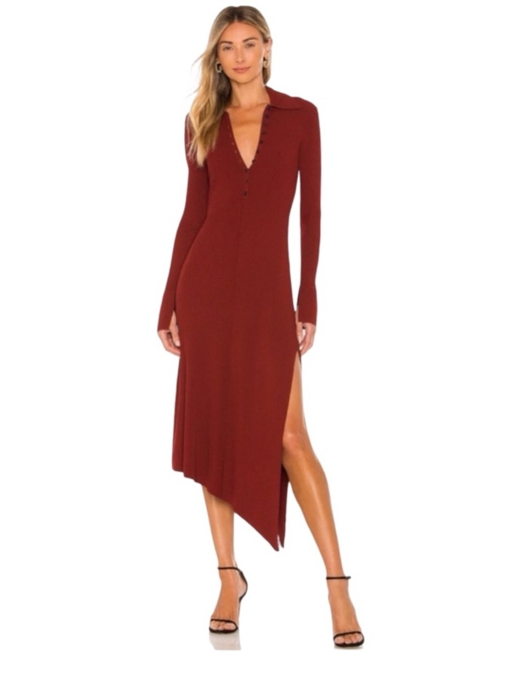 A.L.C. Lance Asymmetric Ribbed Knit Collared Dress Size Medium Sumac Red Midi